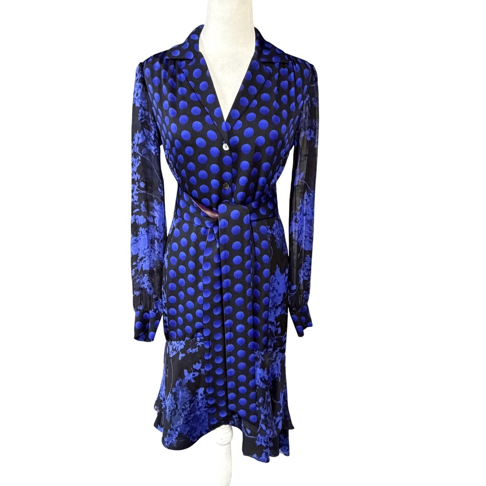 Diane Von Furstenberg Silk Shirt Dress Womens 4 Blue Polka Dot Floral Belted